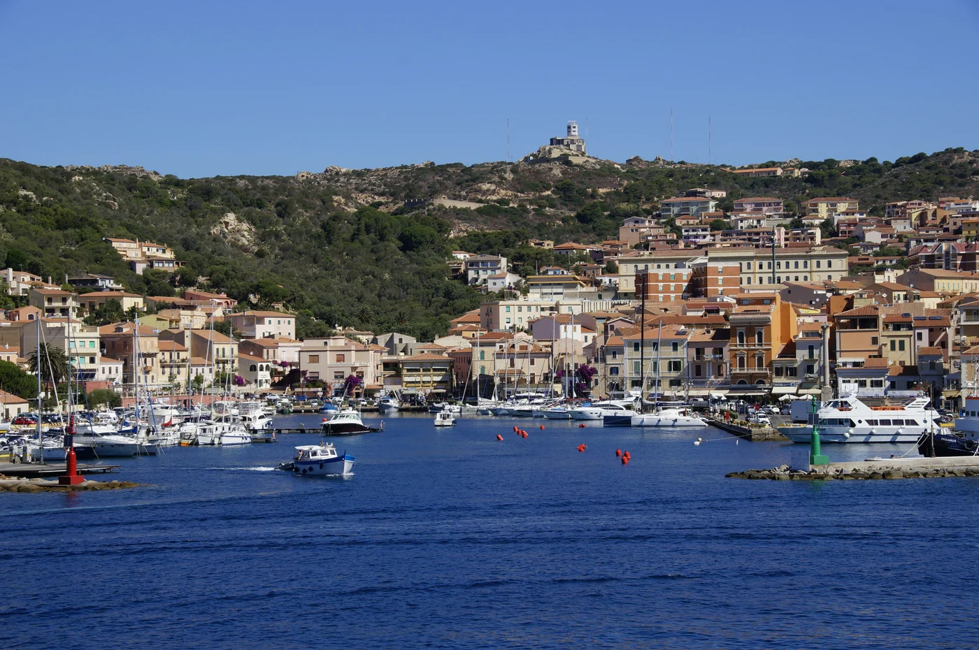 La Maddalena harbour and pastel waterfront buildings, Sardinia