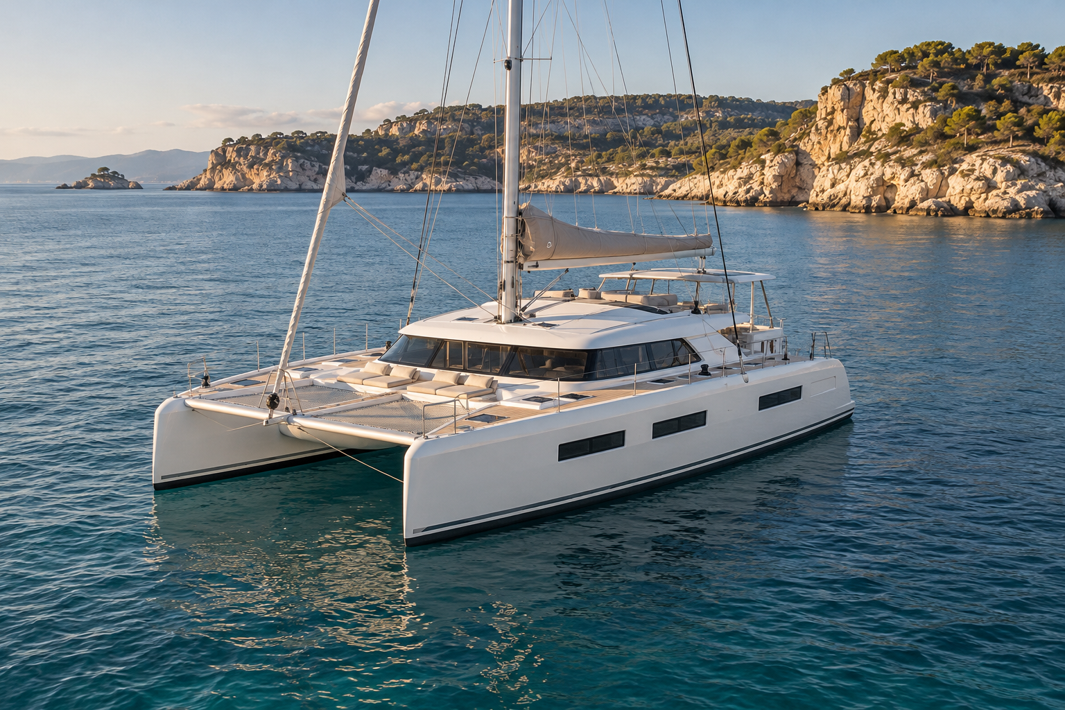 A spacious sailing catamaran at anchor