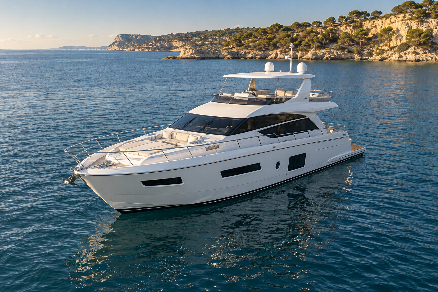 A flybridge motor yacht on clear coastal water