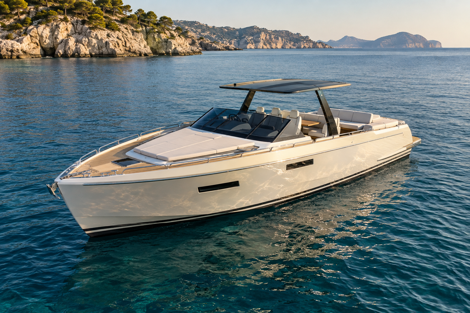 An open dayboat beside a sunlit coast